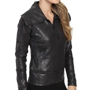New Balance Moto Faux Leather Athletic Jacket in Metallic Black Funnel Neck